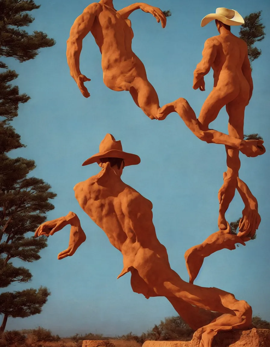 Image similar to a cowboy turning into blooms by slim aarons, by zhang kechun, by lynda benglis. tropical sea slugs, angular sharp tractor tires. bold complementary colors. warm soft volumetric light. national geographic. 8 k, rendered in octane, smooth gradients. a manly cowboy by edward hopper and frank frazetta. sculpture by antonio canova.