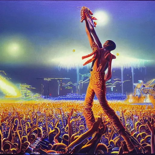 Prompt: a detailed painting of wizkid performing on stage to millions of aliens. by bruce pennington.