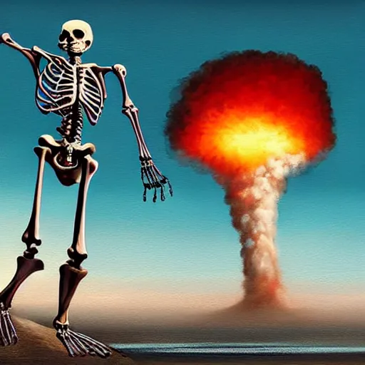 Prompt: Beautiful digital painting portrait of relaxed (((skeleton walking on the tropical beach))) with nuclear bomb explosion in the background!!!, by James Gurney, high quality, trending on Artstation, aesthetic lightning, anatomically correct skeleton, high coherence, blue sky