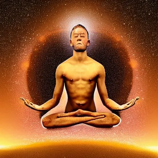 Image similar to a man in a deep meditative state become one with the universe