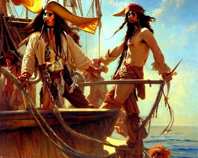 Image similar to jack sparrow sailing a ship, painting by gaston bussiere, craig mullins, j. c. leyendecker