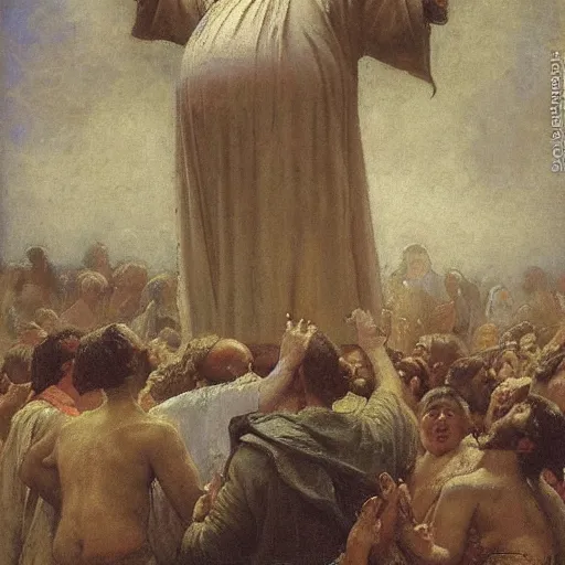 Prompt: morbidly obese jesus floating above a crowd of onlookers, by ilya repin