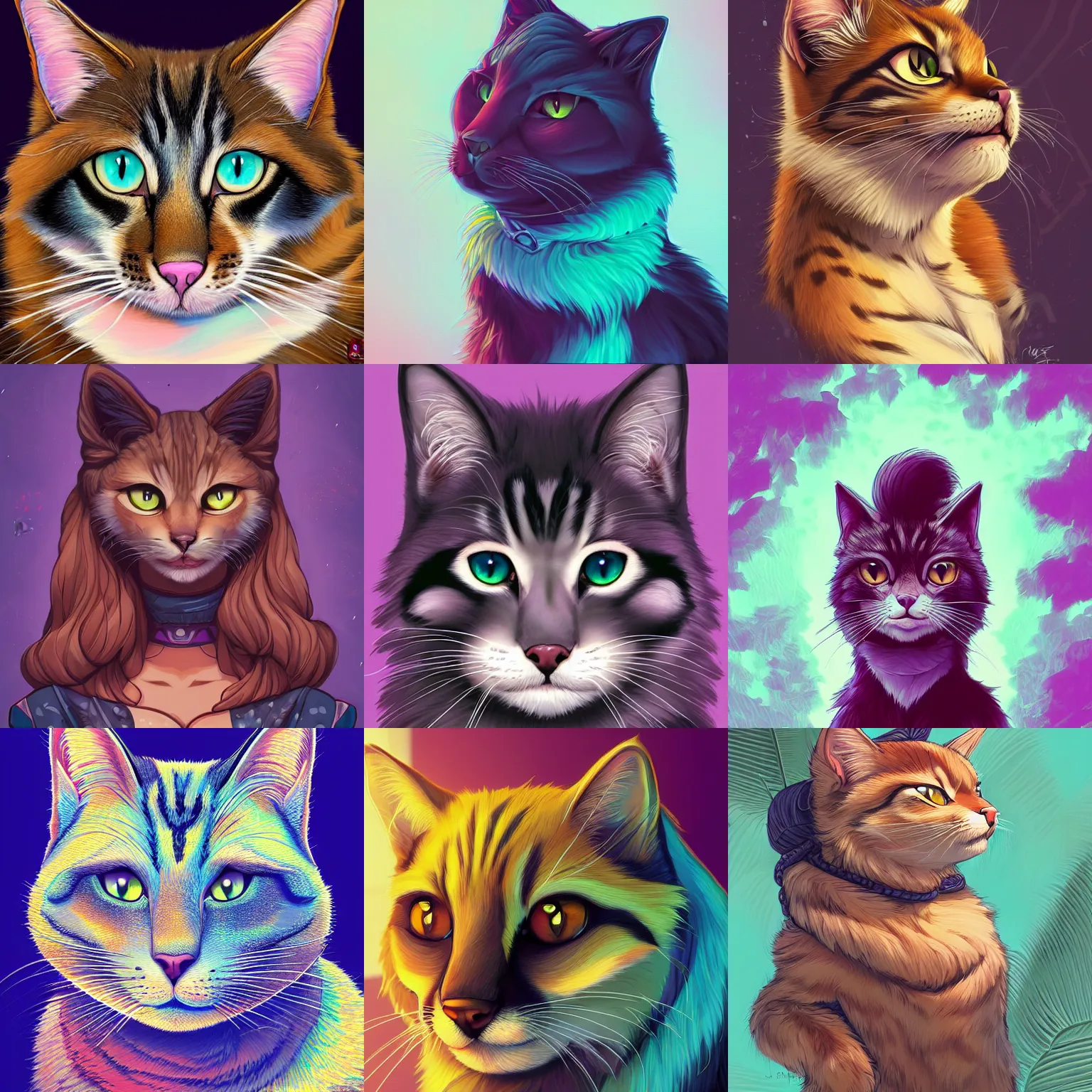 Prompt: artwork of a portrait of a beautiful female furry cat, trending on artstation, furaffinity, deviantart, furry artist, ultra detailed, 8 k hdr, low contrast, cell shading, flat colors, cmyk, by dan mumford, rossdraws, jay naylor, dark natasha, wolfy nail