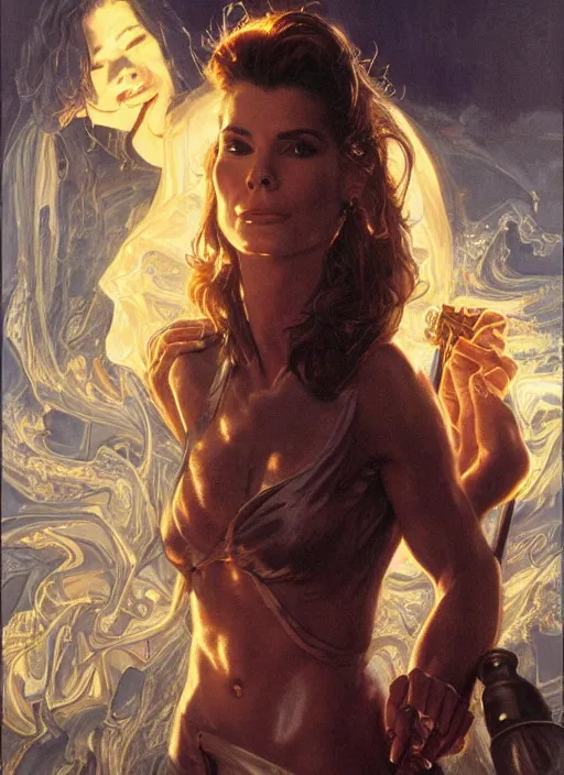 Image similar to Sandra Bullock (1990) as a muscled heroine staring into the camera, torch shadows, foggy night, intricate, elegant, highly detailed, Donato Giancola, Joseph Christian Leyendecker, WLOP, Boris Vallejo, Artgerm