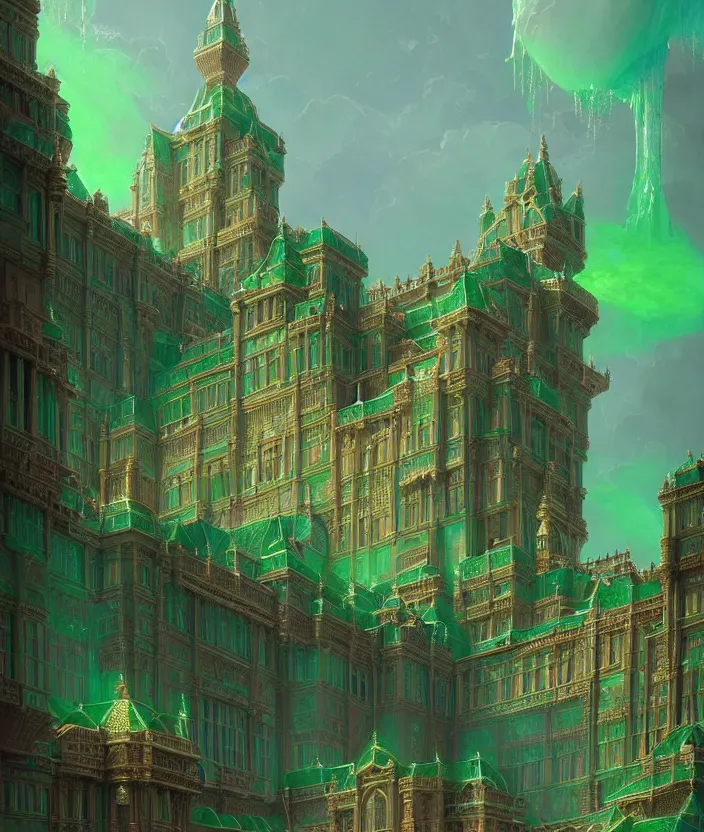 Image similar to a detailed digital painting of a palace made of gleaming emeralds, by moebius and tyler edlin and lee madgwick, trending on artstation, digital art, 4 k resolution, detailed, beautiful render, octane render, high quality, sharp focus, hq artwork, coherent, insane detail, concept art