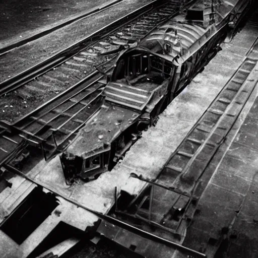 Prompt: A heavily armored war train breaking a steel wall in a battlefield, black and white futuristic photograph