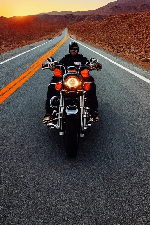 Image similar to riding a harley davidson on a desert road, cinematic