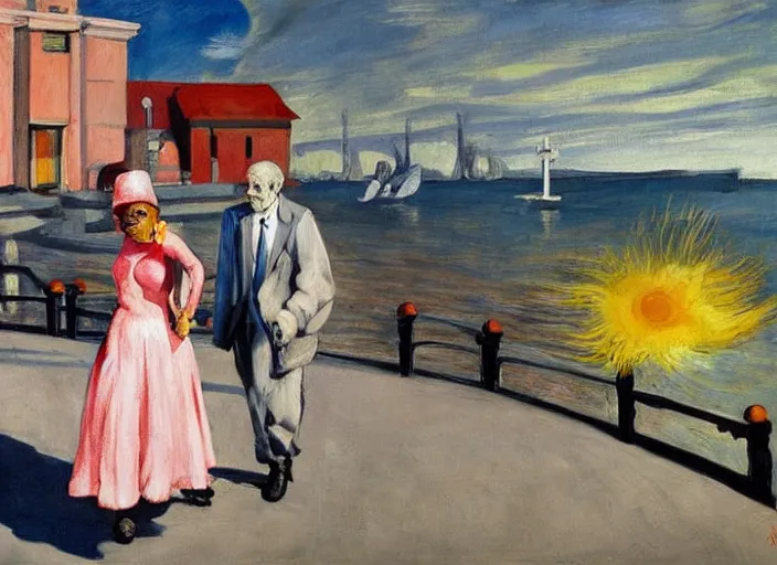 Prompt: painting, young lovers holding hands walking by river, she's wearing rags and feathers from salvation army counters, and the sun pours down like honey on our lady of the harbor church in montreal, by paula rego, by neo rauch, by edward hopper