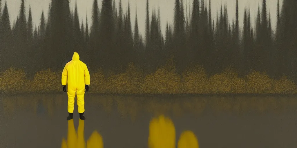 Image similar to a man in a yellow hazmat suit carries a barrel of nuclear waste and stands in a small lake with reflections in a detailed forest, painting, concept - art!!, rendering, octane, redshift, cinematic composition, volumetric lighting