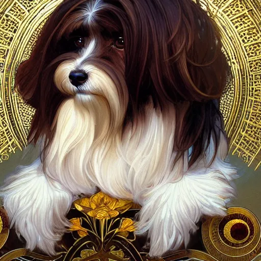 Image similar to beautiful detailed picture of a havanese with white and brown hair, radiant light, art nouveau, intricate, elegant, highly detailed, my rendition, digital painting, artstation, concept art, smooth, sharp focus, illustration, art by artgerm and greg rutkowski and alphonse mucha