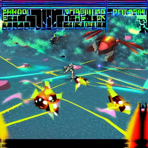 Prompt: ps 1 style videogame shmup arcade anime spaceship shooter 3 d epic bossfight, with hud elements