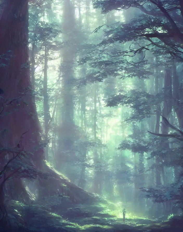 Prompt: magical mystical forest, environment concept art, ethereal anime, high detail Impressionist style, dreamy light color palette, style of studio ghibli and moebius, concept art stunning atmosphere, trending on artstation, volumetric light