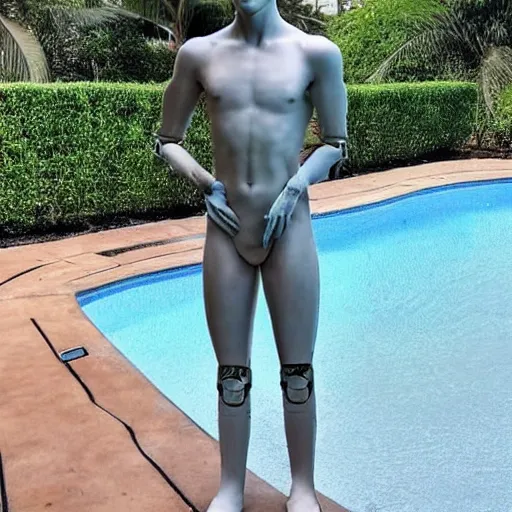 Image similar to “a realistic detailed photo of a guy who is an attractive humanoid who is half robot and half humanoid, who is a male android, twitch streamer Ninja Tyler Blevins, shiny skin, posing like a statue, blank stare, by the pool as a pool boy , display”