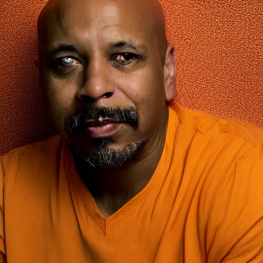 Prompt: portrait of a bald middle aged black man with a goatee and orange shirt, photo by annie leibowitz