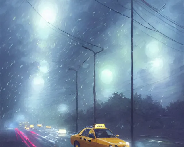 Image similar to one single taxi cab driving down a rainy country road through a field, gaslight, street lamps. Side view, full shot. Anime, By Makoto Shinkai, Stanley Artgerm Lau, WLOP, Rossdraws, James Jean, Andrei Riabovitchev, Marc Simonetti, krenz cushart, Sakimichan, trending on ArtStation, digital art.