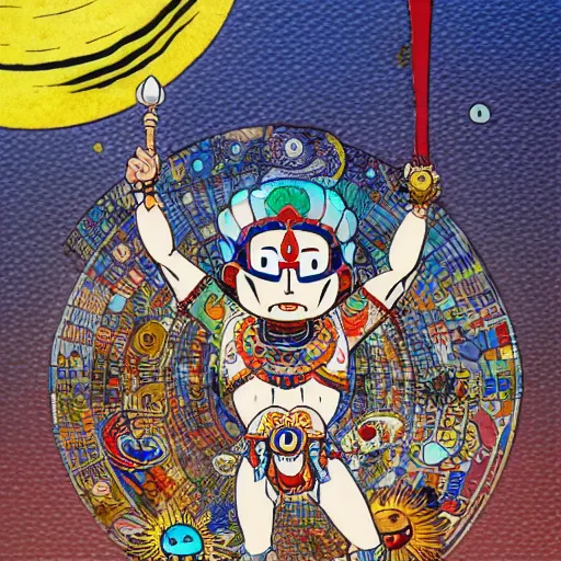 Image similar to a mayan warrior walking on water under the moon by takashi murakami, sir edward james and james jean, aya takano color style, 4 k, super detailed