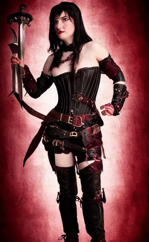 Image similar to epic fantasy portrait of a female halfling, black hair, red leather corset, cinematic, beautiful lighting, heroic