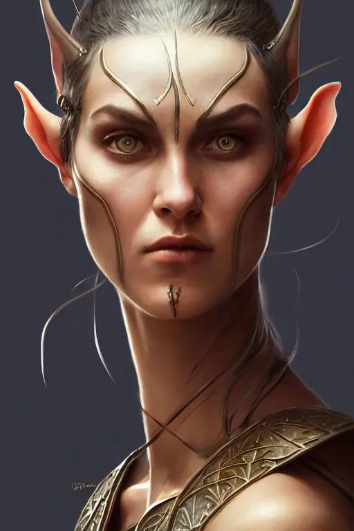 Image similar to portrait of a pagan berserk elven woman with a warpaint, undercut haircut, medium shot, portrait, concept art, natural lighting, illustration, full color, highly detailed, photorealistic, by greg rutkowski and artgerm, artstation,