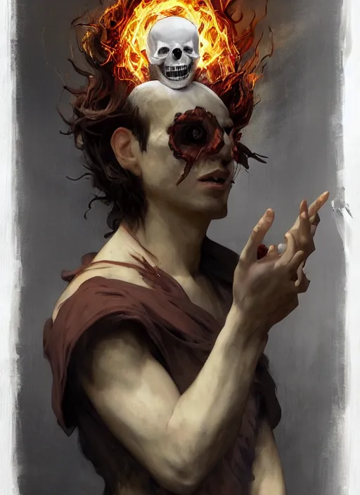Prompt: character concept portrait of an attractive young focused Spanish wizard with pale red skin and a parital skull mask enchanting a flaming seduction spell, a floating burning spell book in the center, intricate, elegant, digital painting, concept art, smooth, sharp focus, illustration, from Metal Gear, by Ruan Jia and Mandy Jurgens and William-Adolphe Bouguereau, Artgerm