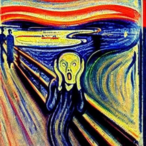 Image similar to painting of edvard munch's the scream with the two witnesses standing in the background, highly accurate, 8 k, highly ornate intricate details,