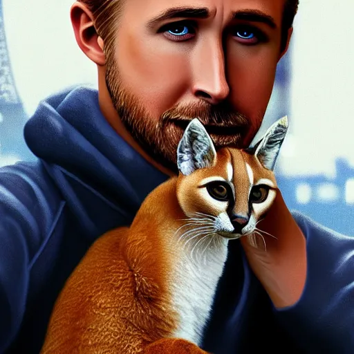 Image similar to Ryan Gosling holds a caracal cat in his hands against the backdrop of the Eiffel Tower, ultra highly detailed, smooth, sharp focus, digital art, digital painting, fan art, elegant, artstation