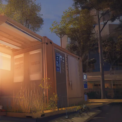 Image similar to photo of glowing sci fi container powering a modern peaceful hospital in a pleasant urban setting with trees, day - time, sun overhead, award - winning, high res, 4 k, artstation