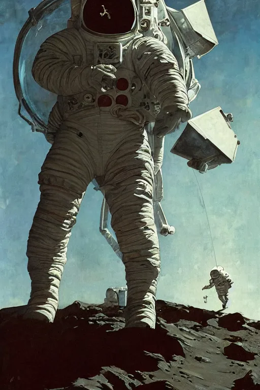 Prompt: fan astronaut stands on the surface of the moon, by norman rockwell, jack kirby, jon berkey, earle bergey, craig mullins, ruan jia, jeremy mann, tom lovell, marvel, astounding stories, 5 0 s pulp illustration, scifi, fantasy, artstation creature concept