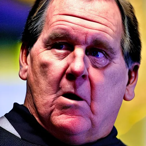 Prompt: Coach Belichick with a robotic face talking to the media