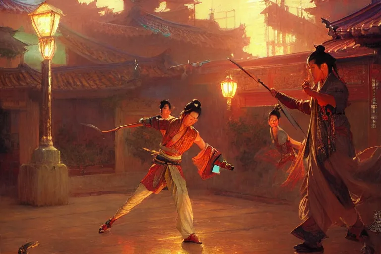 Prompt: wuxia, fight on the roof, neon light, painting by gaston bussiere, craig mullins, j. c. leyendecker