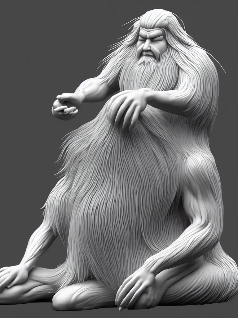 Image similar to the whole body of fuxi in chinese mythology, long white hair, long white beard, kind and solemn, sit on the ground, 3 d render, hyper detailed, 4 k hd