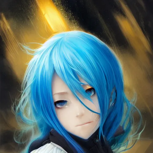 Image similar to side profile of rimuru tempest looking down with sky blue hair, long hair, gold eyes, high collar, 3 5 mm, black jacket | shiny, highly detailed, rain, professional digital painting, concept art, award - winning photography, cinematic, wlop | art by pixiv art, yoshitaka amano, deviantart