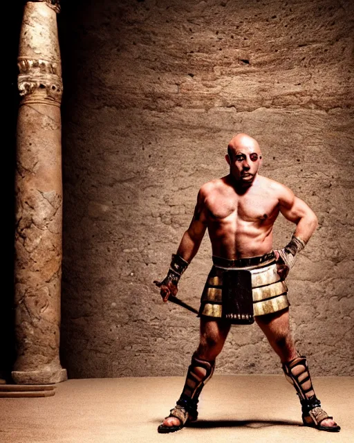 Image similar to high quality photo of joe rogan as a gladiator in the roman colliseum, ornate, masterpiece, cinematic composition, studio lighting,