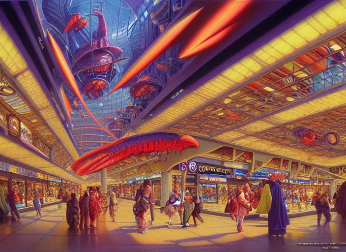 Prompt: detailed intricate portrait of futuristic shopping mall, sharp focus, art by artgerm, bob eggleton, michael whelan, stephen hickman, richard corben, wayne barlowe beautiful psychedelic dmt lighting, hyper detailed, 8 k, oil on canvas 8 k