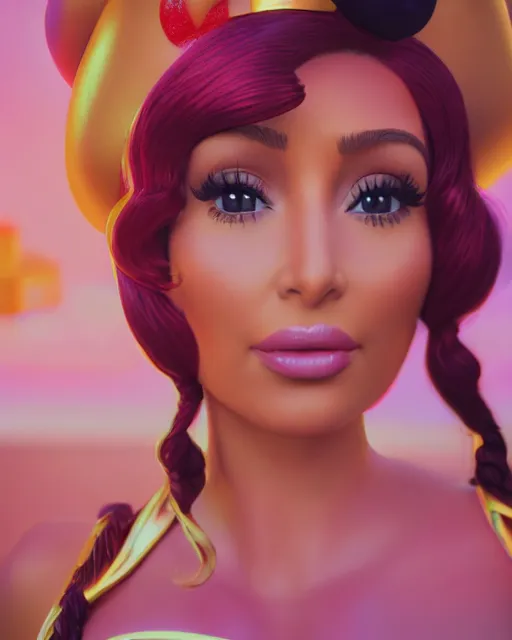 Prompt: film still of kim kardashian as princess peach in mario, feminine charms, 3d render , vibrant high contrast, octane, arney freytag, cinematic, glamorous, backlit, rim lighting, 8k