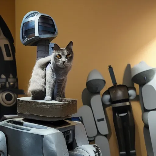 Image similar to a cat sitting on top of a robot suit, a statue by Studio Ghibli, featured on reddit, mingei, made of cardboard, sci-fi, futuristic