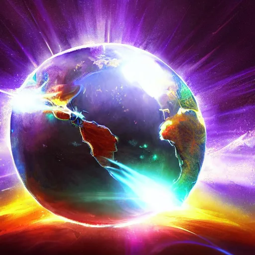 Image similar to Concept art for the earth exploding. Trending on art station, bright colors, lens flare.