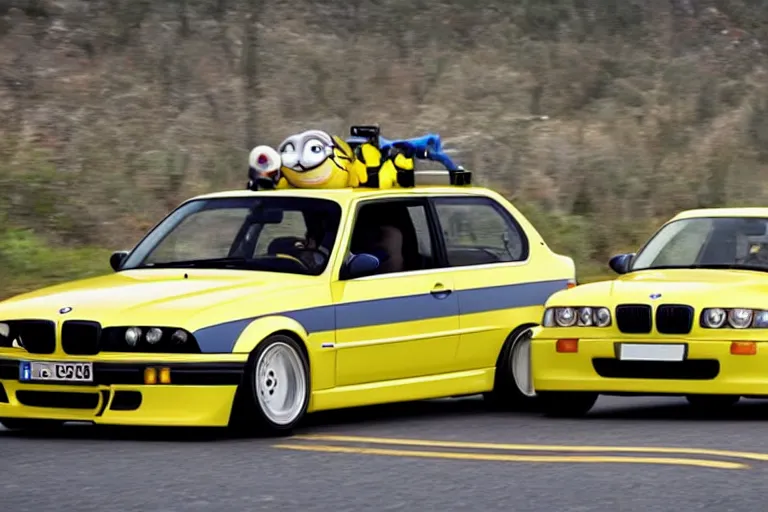 Image similar to minion driving an e36 bmw