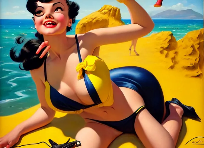 Image similar to the style of the artist gil elvgren, a girl with black hair, overwatch tracer, with a very beautiful symmetrical face, a smile on her face, tanned skin, in a yellow bikini, against the background of a sea beach, in art style, high detail, digital painting, hyperrealism