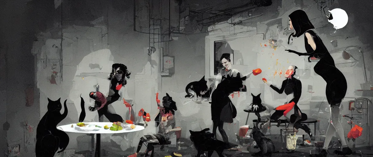 Image similar to a duotone comic noir illustration painting of two woman and a cat meme, one woman is screaming and pointing a t a cat that is eating vegetable meal from a white plate by sachin teng and sergey kolesov and ruan jia and heng z. graffiti art, sci fi, fantasy art, hyper detailed. octane render. trending on artstation