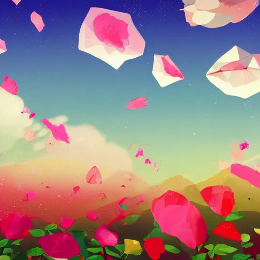 Prompt: background art of spaciously scattered flower petals flowing and floating through the blowing swirling directional wind from left to right on a simple cloudy sky background, big puffy clouds, large individual rose petals, angular background elements, polygonal fragments, studio ghibli, artgerm, trending on artstation, art nouveau, mature color scheme