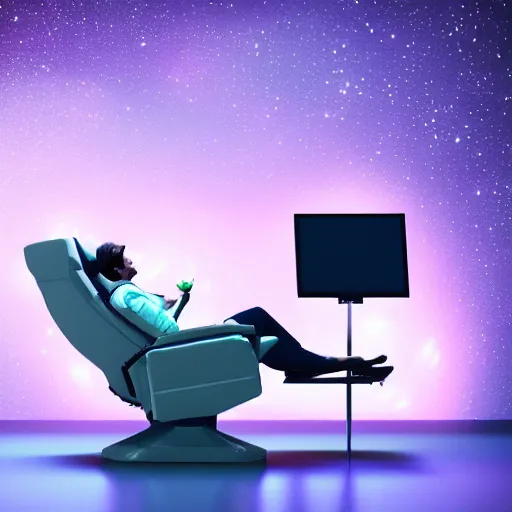 Prompt: recliner chair floating in space, acupuncture treatment, rendered in octane, 8 k, photorealistic person receiving acupuncture, galactic background, dreamy, dramatic lighting, universe scale