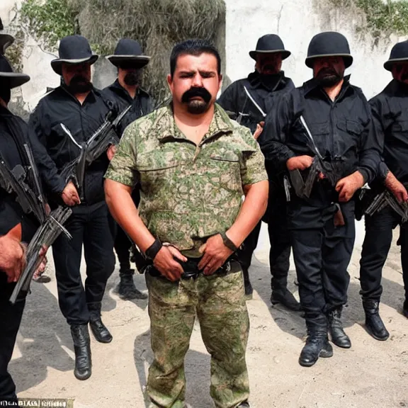 Image similar to the fearsome og shadow, mexican cartel leader, standing in front of his heavily armed men guarding him, award - winning photography