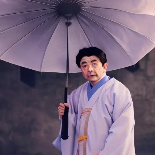 Prompt: rowan atkinson dressed as a traditional korean man posing with an umbrella, cinematic shot, dynamic lighting, close up, impressive winning photo, pastel colors