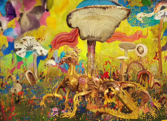 Image similar to expressionistic decollage painting golden armor alien zombie horseman riding on a translucent bone dragon broken rainbow diamond maggot horse in a blossoming meadow full of colorful mushrooms and golden foil toad blobs in a golden sunset, distant forest horizon, painted by Adrian Ghenie, Helen Frankenthaler, Danny Fox and Hilma af Klint, pixelated, semiabstract, color field painting, byzantine art, voxel art, pop art look, naive, outsider art. Mark Rothko painting, part by Philip Guston and Frank Stella art by Barnett Newman, 8k, extreme detail, intricate detail, masterpiece