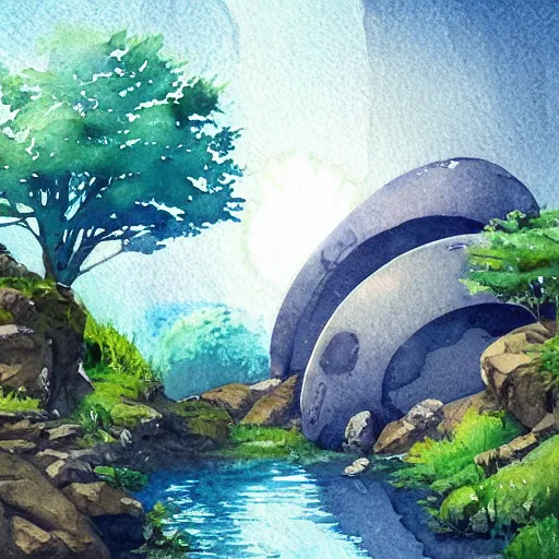 Image similar to beautiful natural scene filled with happy picturesque charming organic sci - fi pod homes. water, trees and rocks. beautiful light. grainy and rough. soft colour scheme. beautiful artistic detailed watercolor by lurid. ( 2 0 2 2 )