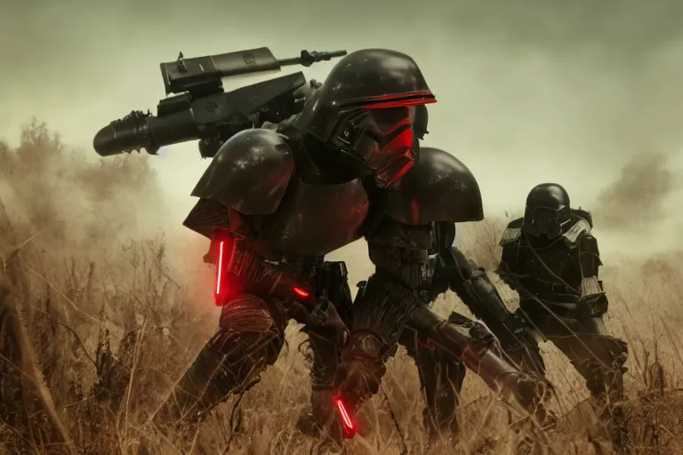 Prompt: reds eyes, all black armor, helghast soldier, kerberos panzer cop, sith trooper hybrid, in a still of illang the wolf brigade ( 2 0 1 8 ) film, vfx, post processed