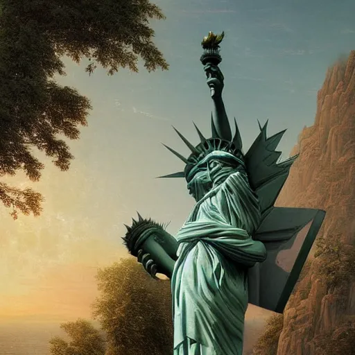 Prompt: highly detailed digital matte painting of a statue of Lady Liberty with a baguette in her arms reclaimed by nature Full shot. By Raphael LaCoste and Ruan Jia and Robert McCall, postcyberpunk, geodesic dome, hyperdetailed, sunrise, blueprint large, autochrome, octane rendering
