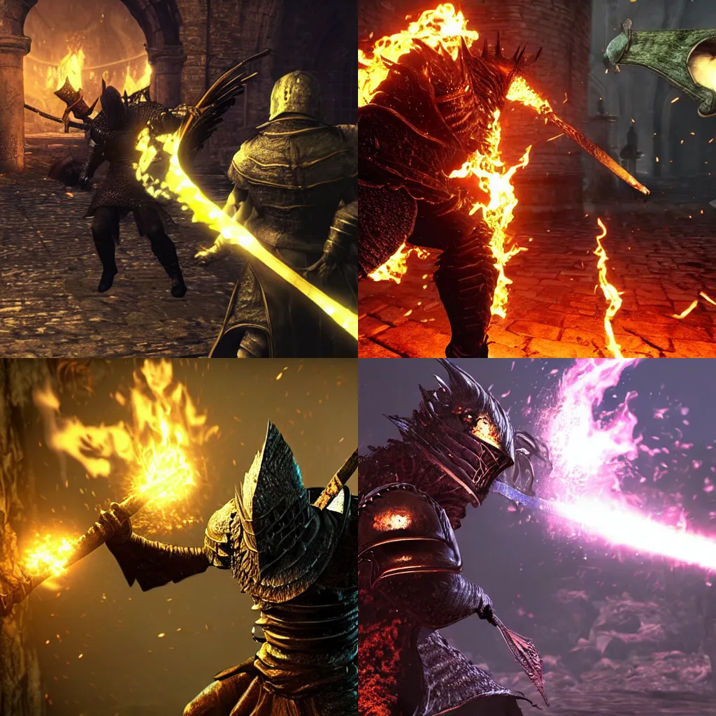 Prompt: Dark Souls 4, fighting a demon with a lemon sword