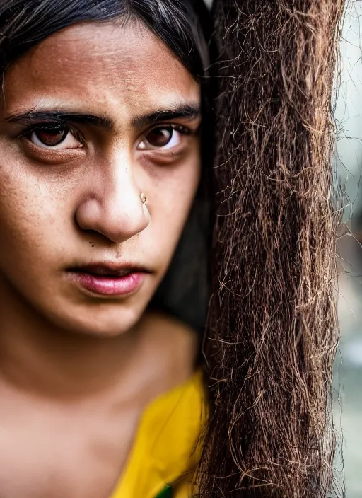 Prompt: close up portrait of Brazilian 26-year-old woman, with bewitching eyes, candid street portrait in the style of Martin Schoeller award winning, Sony a7R