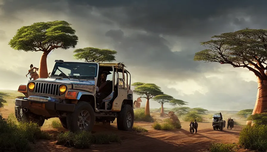 Prompt: mahindra thar driving through madagascar with baobabs trees, tribe members chasing for an attach, action scene, an epic fantasy, artgerm and greg rutkowski and alphonse mucha, an epic fantasy, volumetric light, detailed, establishing shot, an epic fantasy, trending on art station, octane render, midsommar